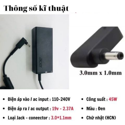 Sạc Laptop Acer 2,37A 65W Chân Nhỏ 3.0*1.1mm - Phụ Kiện Chính Hãng Bảo Hành 12 Tháng, Chất Lượng Cao