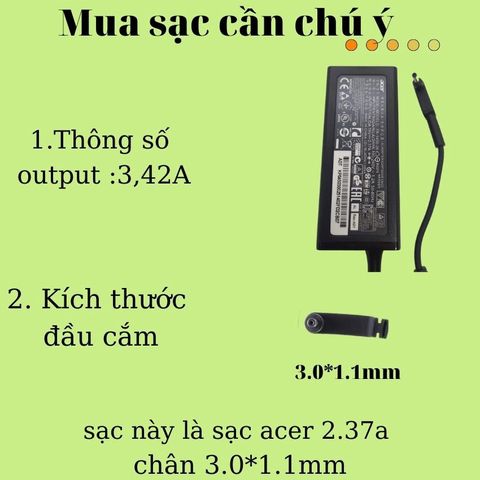 Sạc Laptop Acer 2,37A 65W Chân Nhỏ 3.0*1.1mm - Phụ Kiện Chính Hãng Bảo Hành 12 Tháng, Chất Lượng Cao