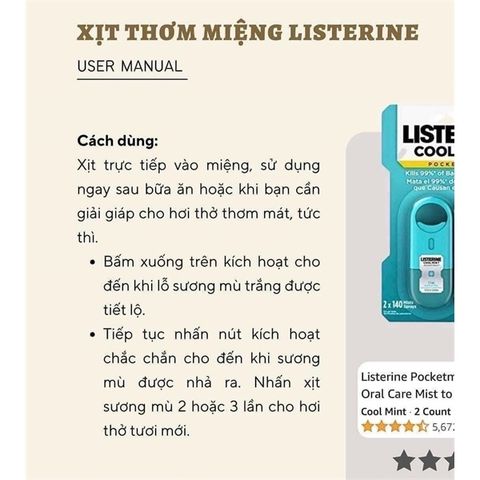 Vĩ 2 Xịt thơm miệng diệt khuẩn Listerine 7,7ml Cool Mint Pockeymist Mỹ