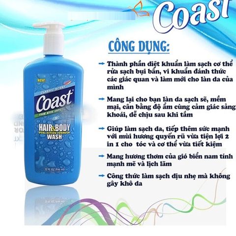 Sữa Tắm Gội Coast 946ml cho nam, Hàng Mỹ chai lớn