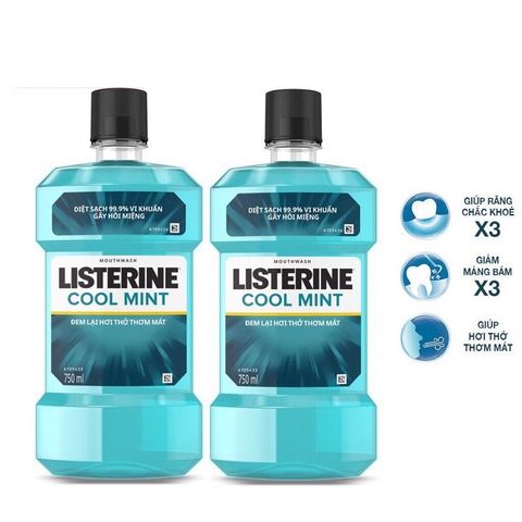 Bộ 2 Chai Nước Súc Miệng Listerine Diệt Khuẩn, Giữ Hơi Thở Thơm Mát Listerine Coolmint Mouthwash 750ml/Chai