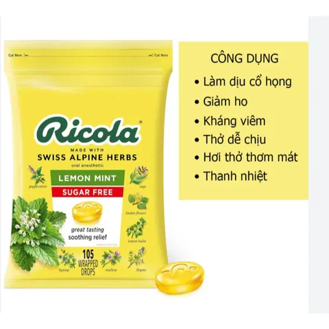 [1 Gói 105 viên] Kẹo RICOLA LEMONMINT không đường của Mỹ - Chanh Bạc Hà ngậm ho
