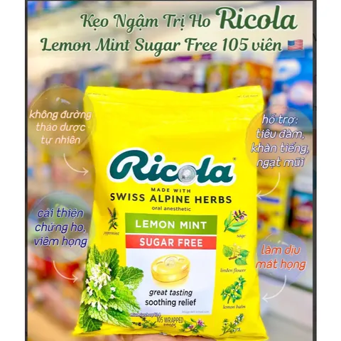[1 Gói 105 viên] Kẹo RICOLA LEMONMINT không đường của Mỹ - Chanh Bạc Hà ngậm ho