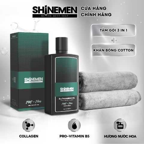 Combo Sữa Tắm Gội Rửa Mặt 3 in 1 SHINEMEN Nam Hương Nước Hoa MINT-MAN 300ml & Khăn Tắm Cotton - Chăm Sóc Da và Tóc Hiệu Quả