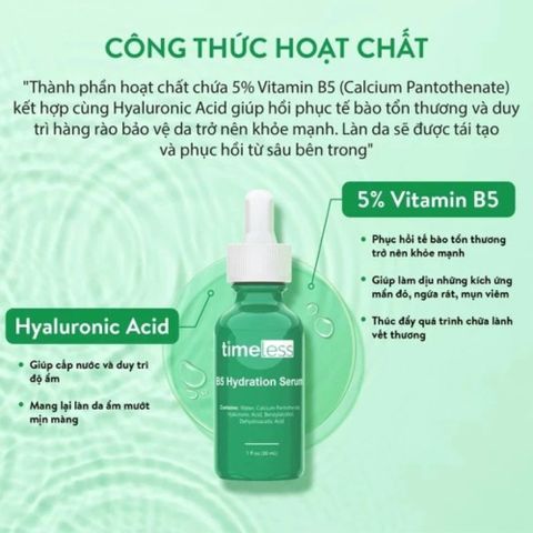 Tinh Chất Serum Timeless Vitamin B5 30ml - Phục Hồi Da, Giảm Mụn, Cấp Ẩm Sâu, Dành Cho Da Dầu Nhạy Cảm, An Toàn Không Hương Liệu