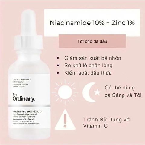 Tinh Chất Serum Giảm Mụn The Ordinary Niacinamide 10% & Zinc 1% - Kiềm Dầu, Làm Sáng Da, 30ml