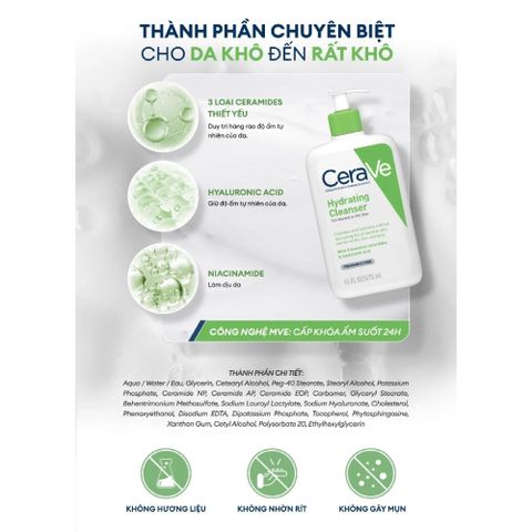 Sữa Rửa Mặt CeraVe Làm Sạch & Dưỡng Ẩm Dịu Nhẹ 236ml/473ml - Dành Cho Da Nhạy Cảm, Kiểm Soát Mụn Hiệu Quả