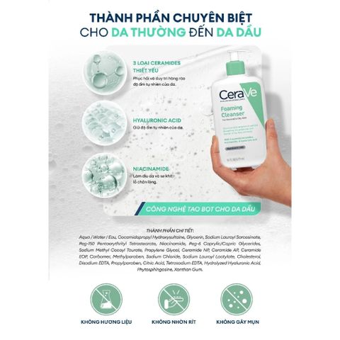 Sữa Rửa Mặt CeraVe Làm Sạch & Dưỡng Ẩm Dịu Nhẹ 236ml/473ml - Dành Cho Da Nhạy Cảm, Kiểm Soát Mụn Hiệu Quả