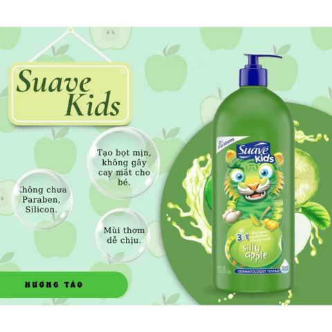 Sữa Tắm Gội Xả Suave Kids 3in1 - Hương Trái Cây Tươi Mát, Dành Cho Trẻ Em - 532ml / 1.18L, An Toàn Cho Da Nhạy Cảm