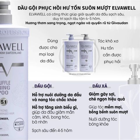 Bộ Dầu Gội Xả Nấm Truffle Elvawell 1000ml - Phục Hồi Tóc Hư Tổn, Giảm Gàu, Kiểm Soát Dầu Bết, Dưỡng Mềm Mượt