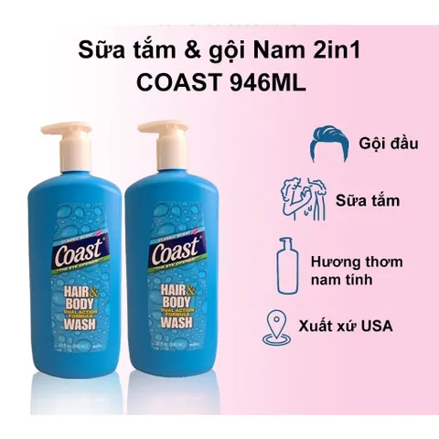 Sữa Tắm Gội Toàn Thân Coast Hair & Body Wash Mỹ 946ml – Sạch Sâu, Thơm Lâu, Mát Lạnh Sảng Khoái
