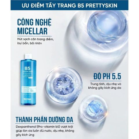 Nước Tẩy Trang Hydra B5 Prettyskin 500ml - Làm Sạch Dịu Nhẹ, Phục Hồi Da Nhạy Cảm, An Toàn Không Hương Liệu, Chiết Xuất Tự Nhiên