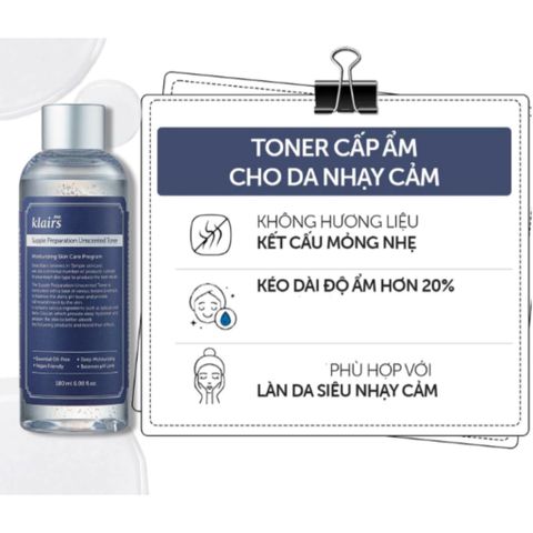 Nước Hoa Hồng Dear, Klairs Toner Không Mùi 180ml - Cân Bằng pH, Dưỡng Ẩm Sâu, Phù Hợp Da Nhạy Cảm