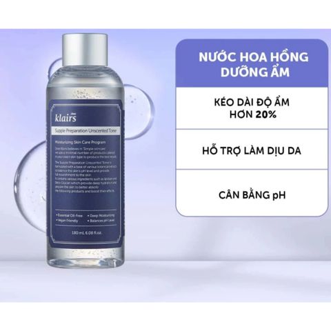 Nước Hoa Hồng Dear, Klairs Toner Không Mùi 180ml - Cân Bằng pH, Dưỡng Ẩm Sâu, Phù Hợp Da Nhạy Cảm