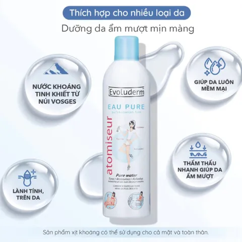 Xịt Khoáng Evoluderm Dưỡng Ẩm Cấp Nước 400ml – Làm Dịu Da, Giữ Lớp Trang Điểm
