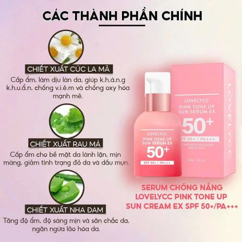 Tinh Chất Serum Chống Nắng Lovelycc Pink SPF 50+ PA++++ 30g - Nâng Tông, Dưỡng Trắng, Giữ Ẩm Làn Da Mịn Mướt Rạng Rỡ
