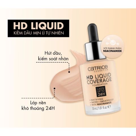 Kem Nền Catrice HD Liquid Coverage 24h SPF25 30ml - Che Phủ Tốt, Lâu Trôi, Mỏng Nhẹ, Phù Hợp Mọi Loại Da