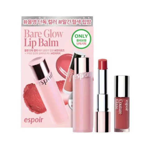 Set Son Dưỡng Espoir Bare Glow Lip Balm & Son Tint Bóng Mini Couture Glaze Ginger Peach Kèm Túi Giấy - Quà Tặng Làm Đẹp Hàn Quốc