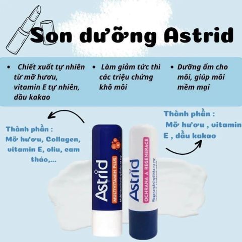 Son Dưỡng Môi Mỡ Hươu Astrid Không Màu 4.8g – Dưỡng Ẩm Sâu, Phục Hồi Môi Khô Nứt Nẻ, Vitamin E và Dầu Kakao, Sản Phẩm Từ Cộng Hòa Séc