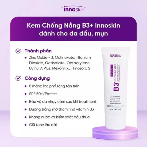 Kem Chống Nắng Innoskin B3+ Nano SPF50+ PA++++ 50ml - Nâng Tone Da, Kiềm Dầu, Chống Nắng Tối Ưu, Phù Hợp Da Dầu Hỗn Hợp