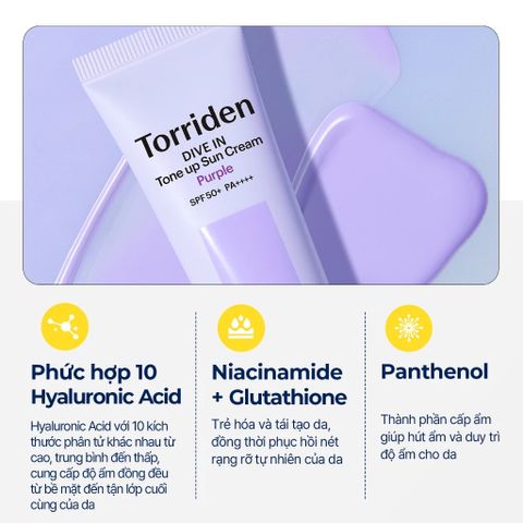 Kem Chống Nắng Torriden DIVE-IN Tone Up SPF50+ PA++++ 50ml - Nâng Tông Da Tự Nhiên, Chống Nắng Toàn Diện, Cấp Ẩm, Dành Cho Da Vàng, Da Xỉn Màu