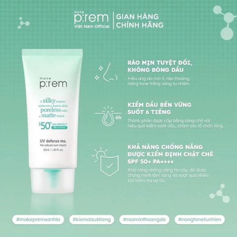 Kem Chống Nắng Make P:rem UV Sun Cream SPF50+ PA++++ 50ml - Dịu Nhẹ Da Nhạy Cảm, Kiềm Dầu Tốt, Bảo Vệ Tối Ưu