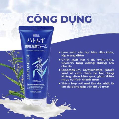 Sữa Rửa Mặt Ý Dĩ Hatomugi Nhật Bản 130g - Dưỡng Ẩm, Làm Sạch Dịu Nhẹ, Giúp Sáng Da và Giảm Mụn Cho Da Nhạy Cảm