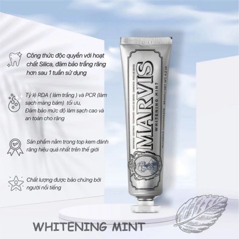 Kem Đánh Răng MARVIS Whitening Mint 85ml - Bạc Hà Mát Lạnh, Sáng Bóng, Thơm Mát, Xuất Khẩu Ý, Dành Cho Người Lớn