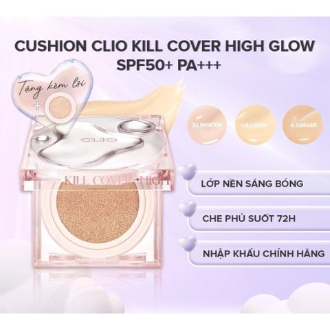 Phấn Nước CLIO Kill Cover High Glow Cushion 14g - Che Phủ Tự Nhiên, Căng Bóng + Lõi Refill - Dưỡng Ẩm, Da Mịn Màng, Kèm Công Nghệ Phản Chiếu Ánh Sáng