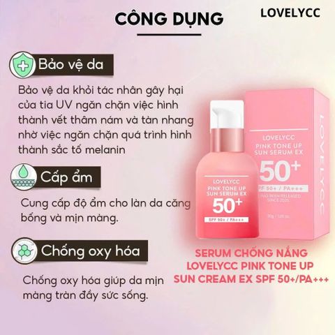 Serum Chống Nắng Lovelycc Pink Tone Up SPF 50+ PA++++ - Dưỡng Trắng, Nâng Tông, Giữ Ẩm Da, Khối Lượng 30g, Xuất Xứ Hàn Quốc