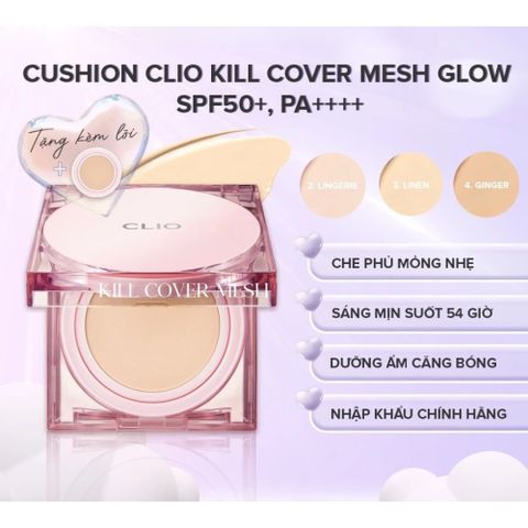 Phấn Nước Cushion CLIO Kill Cover Mesh Glow 15g - Che Phủ Tự Nhiên, Căng Bóng + Lõi Refill - Mỹ Phẩm Hàn Quốc Đáng Mua