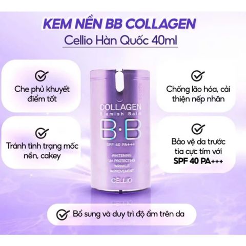 Kem Nền BB Collagen Cellio Hàn Quốc 40ml - Dưỡng Ẩm, Chống Nắng SPF40 PA+++ - Che Phủ Tự Nhiên, Làn Da Rạng Rỡ