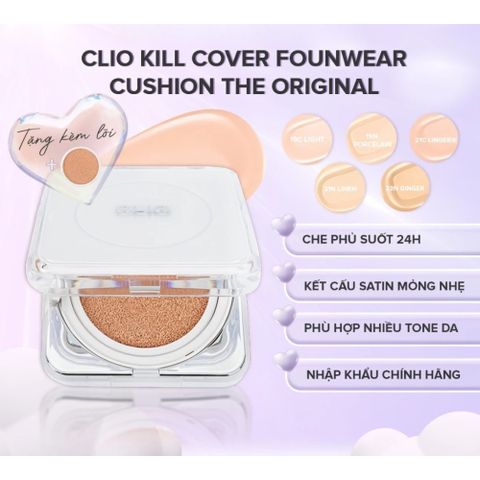 Phấn Nước Clio Kill Cover Founwear Cushion 15g - Nền Mỏng Nhẹ Che Phủ Hoàn Hảo có Lõi Refill, Chống Nắng SPF50+, Phù Hợp Mọi Loại Da