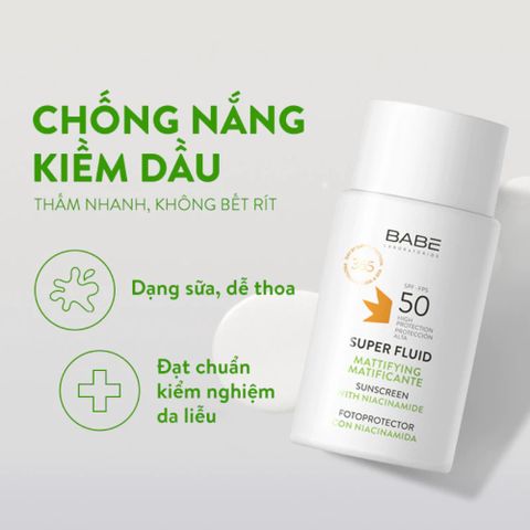Kem Chống Nắng Babe Super Fluid SPF50 50ml - Bảo Vệ Da Nhạy Cảm, Chống Nước, Ngăn Chặn Lão Hóa và Tia UV