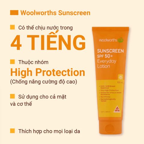 Kem Chống Nắng Toàn Thân Woolworths Everyday SPF50+ - Bảo Vệ Da Tối Ưu, Dưỡng Ẩm Nhẹ, Thấm Nhanh, Chống Nước 4 Giờ