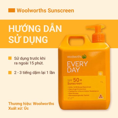 Kem Chống Nắng Toàn Thân Woolworths Everyday SPF50+ - Bảo Vệ Da Tối Ưu, Dưỡng Ẩm Nhẹ, Thấm Nhanh, Chống Nước 4 Giờ