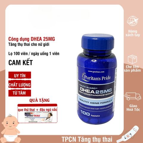 DHEA Puritan's Pride 25mg - Viên uống hỗ trợ nâng cao chất lượng trứng, tăng khả năng thụ thai cho phụ nữ, 100 viên