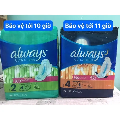 Băng vệ sinh Always Ultrathin Mỹ size 2 10 hour- ngày, size 4 - 11 hour đêm