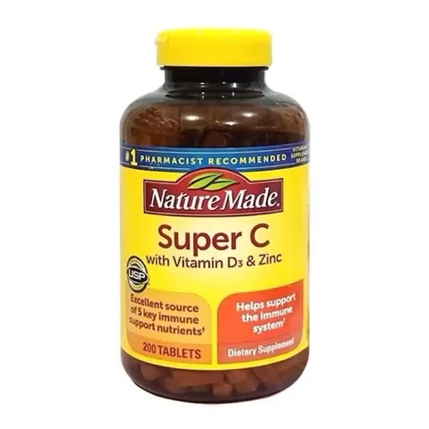 Viên uống Super C Nature Made với Vitamin D3 & Kẽm - Tăng cường miễn dịch, 200 viên, chất lượng cao từ Mỹ