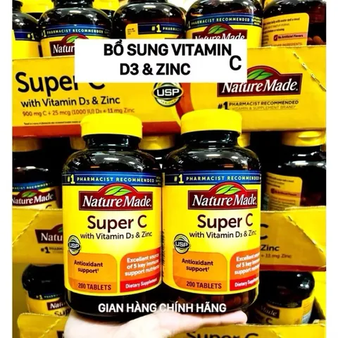 Viên uống Super C Nature Made với Vitamin D3 & Kẽm - Tăng cường miễn dịch, 200 viên, chất lượng cao từ Mỹ