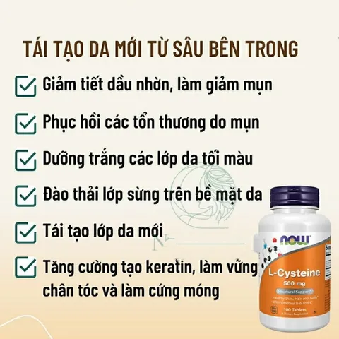 [Date 6/2027] Viên uống giảm mụn, dưỡng da, móng, tóc L-cysteine Now 500mg 389258