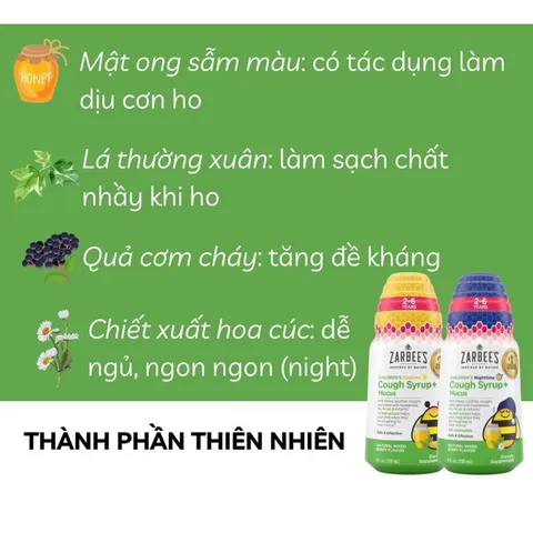 Siro ho ong tiêu đờm Zarbee's Cough Syrup + Mucus ngày và đêm 118ml của Mỹ 389273