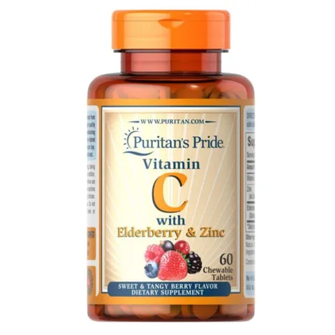 Viên Nhai Vitamin C với Elderberry & Kẽm hỗ trợ hệ thống miễn dịch Puritan's Pride 60 Viên 389351