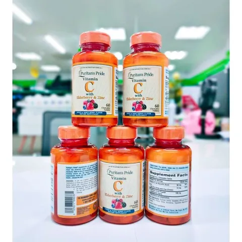 Viên Nhai Vitamin C với Elderberry & Kẽm hỗ trợ hệ thống miễn dịch Puritan's Pride 60 Viên 389351