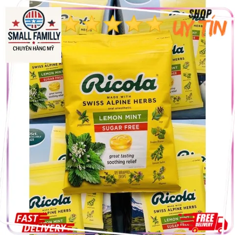 Kẹo Ngậm Thảo Mộc Không Đường Ricola Lemon Mint - Giúp Giảm Ho, Khổ Họng An Toàn Từ Thiên Nhiên, 105 Viên Mỹ