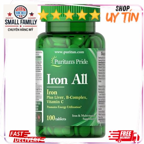 Viên Uống Bổ Sung Sắt Iron All Puritan's Pride - An Toàn Cho Phụ Nữ Mang Thai & Sau Sinh, Hỗ Trợ Ngăn Ngừa Thiếu Máu