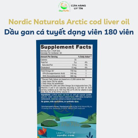 Dầu gan cá tuyết dạng viên Nordic naturals Artic Cod Liver oil 180 viên. SmallFamily