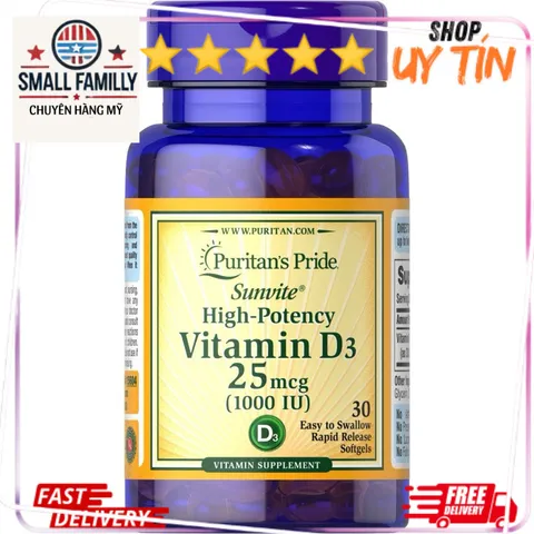 Viên uống Vitamin D3 Puritan's Pride 25_50_125mcg - Hỗ trợ hấp thụ canxi và sức khỏe xương, 100 viên/hộp Mỹ