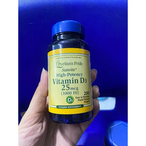 Viên uống Vitamin D3 Puritan's Pride 25_50_125mcg - Hỗ trợ hấp thụ canxi và sức khỏe xương, 100 viên/hộp Mỹ