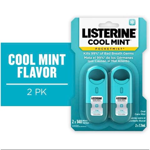 Xịt thơm miệng Listerine Pocket Mist - Bạc Hà & Trà Xanh - Gói 2 x 7.7ml - Diệt Vi Khuẩn, Hơi Thở Thơm Mát Tức Thì, Nhỏ Gọn, Tiện Dụng